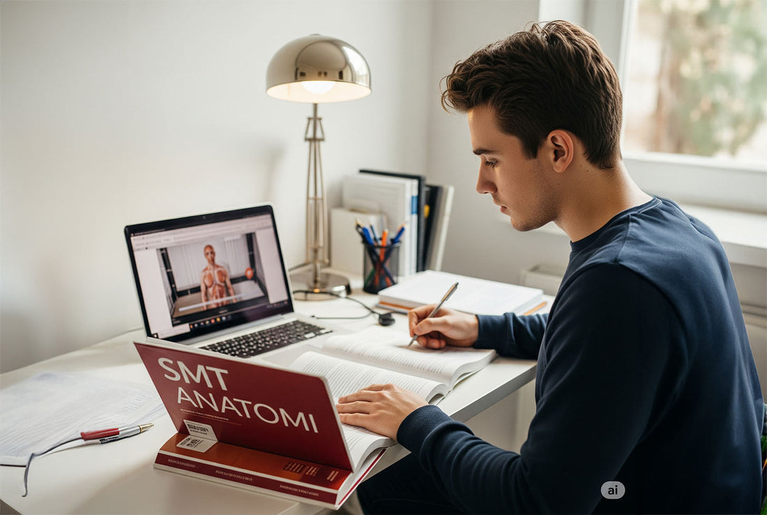 Erkek tıp öğrencisi, SMT Anatomi kitabı ve laptopta video ders ile TUS sınavına çalışıyor. Yoğun ders, online eğitim, tıp fakültesi.